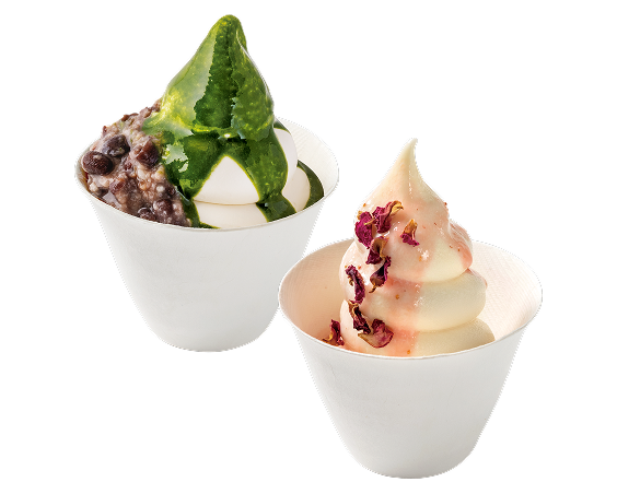 糀甘酒 ソフトクリーム 伊勢抹茶と発酵あんこ / 苺とローズペタル（カップ）